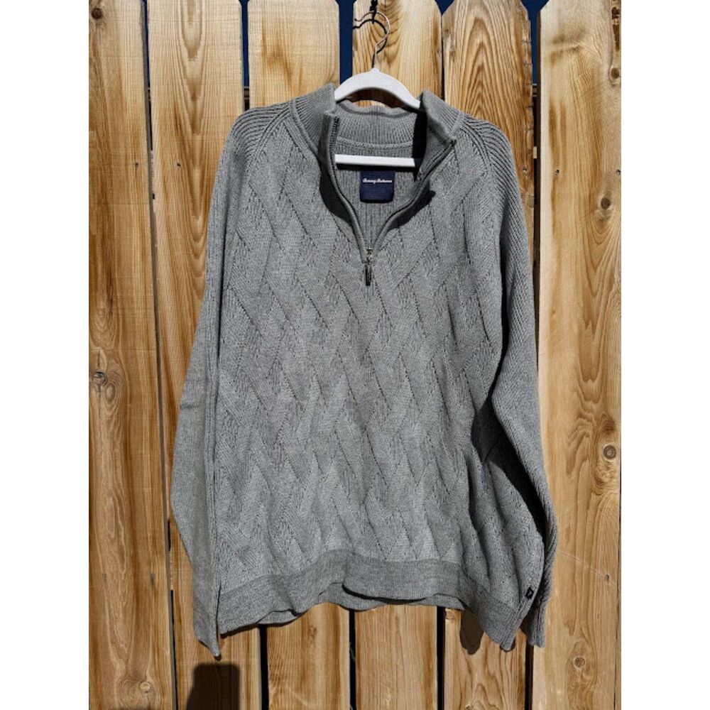 Tommy Bahama Men's Gray Cable Knit 1/4 Zip Collared Pullover Sweater Preppy XXL